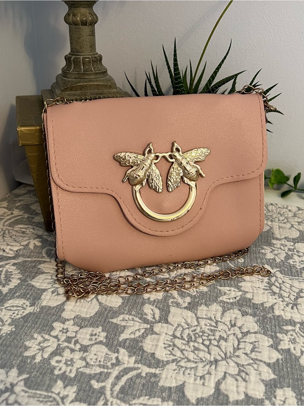Women's Blush Pink Crossbody Bag with Gold Bee Accent